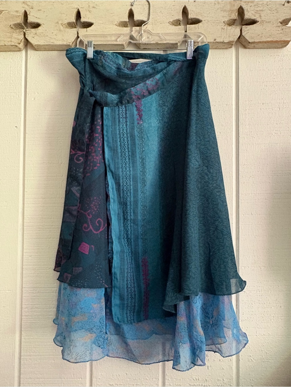Teal Wrap Circle Skirt with Blue Floral Layered Hem 80% silk